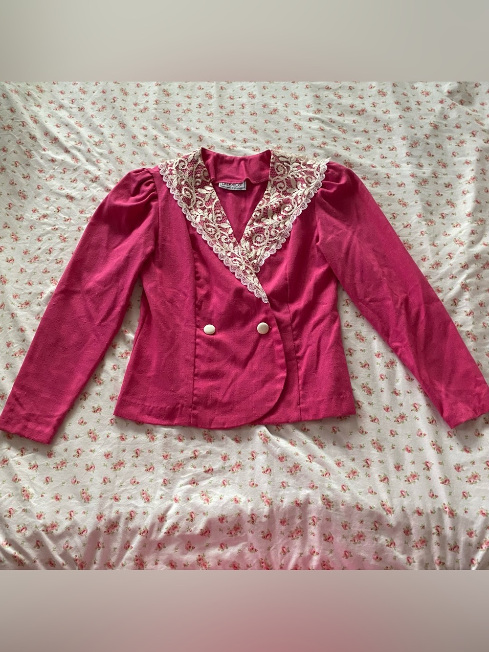 True Vintage 1980s David Robin Barbie Pink Puff Sleeve Blazer with White Lace - Picture 1 of 5